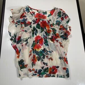 Black Rainn Tops Blouse White Floral Chiffon Ruffles Women Small